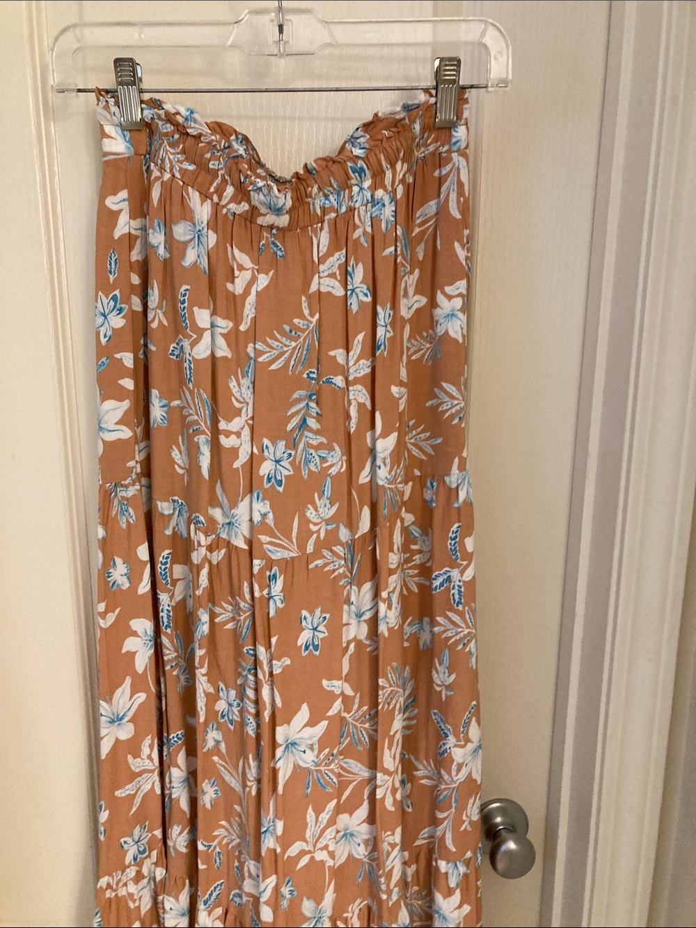Boho Floral Maxi Skirt in Camel with White & Light Blue Print - Picture 13 of 14